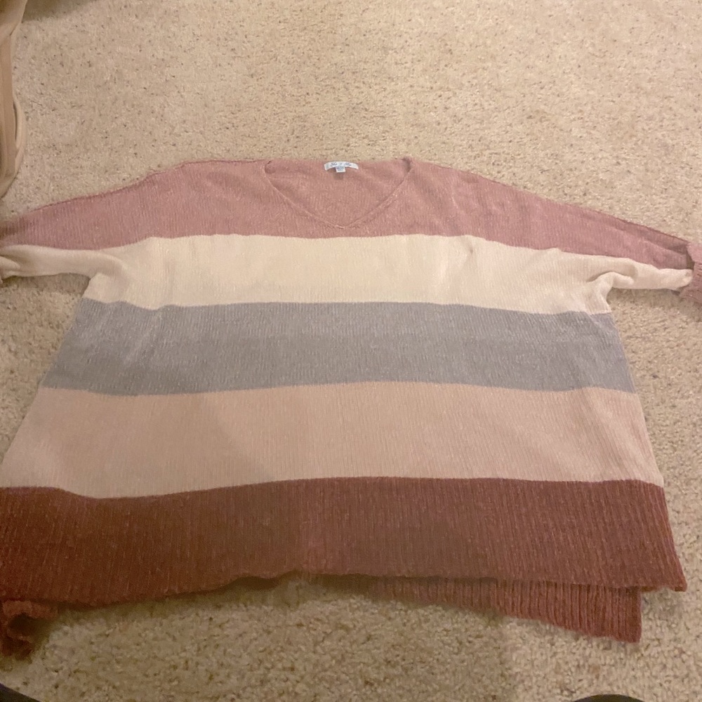 She & sky sweater. Pink and red and grey. Worn 1